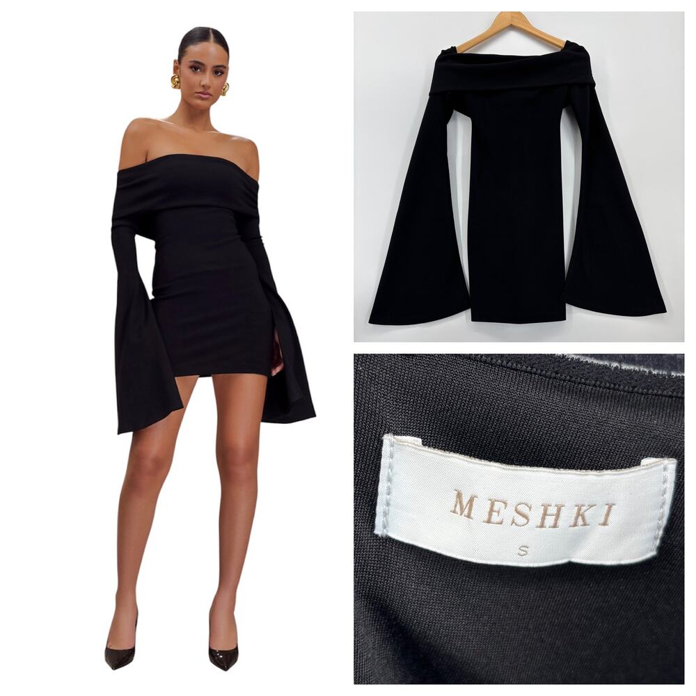 Meshki Dominique Off Shoulder Long Sleeve Mini Dress Small Bell Sleeve Formal